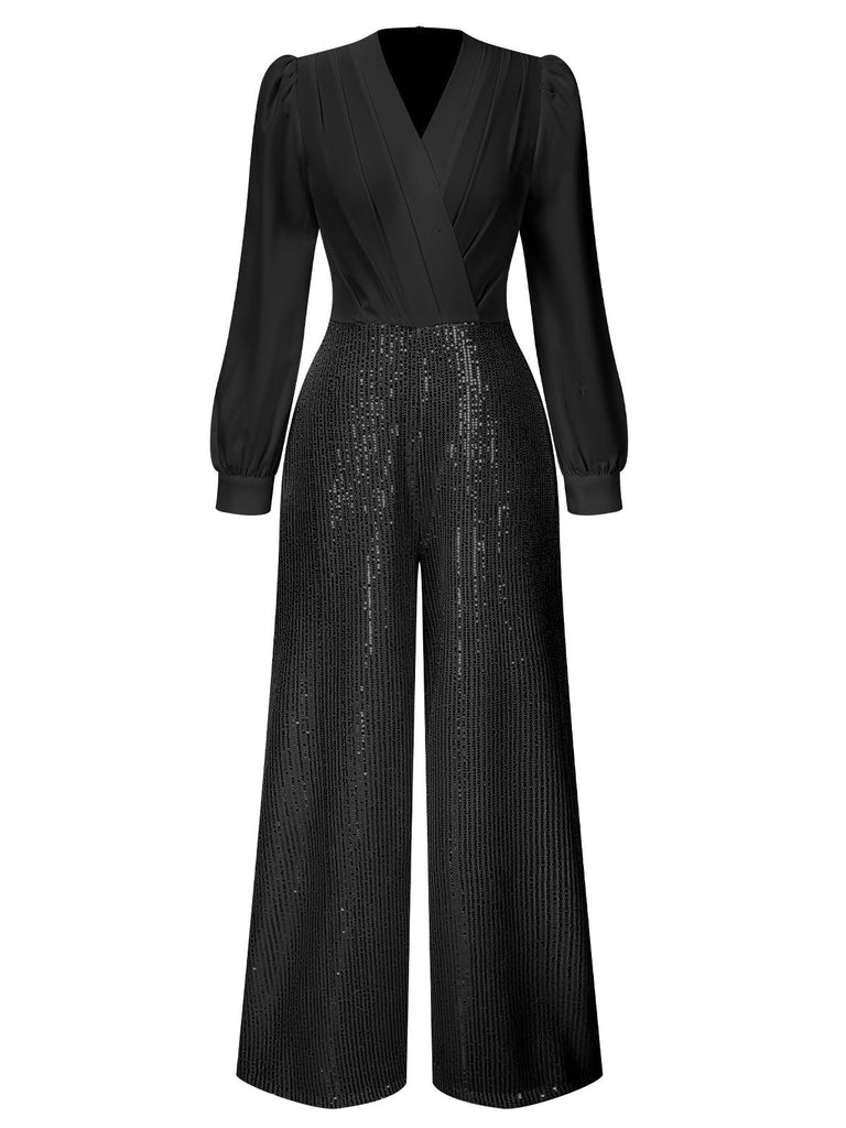 1930er V-Ausschnitt Puff Paillettens Weites-Bein Jumpsuit