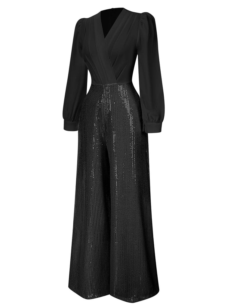 1930er V-Ausschnitt Puff Paillettens Weites-Bein Jumpsuit