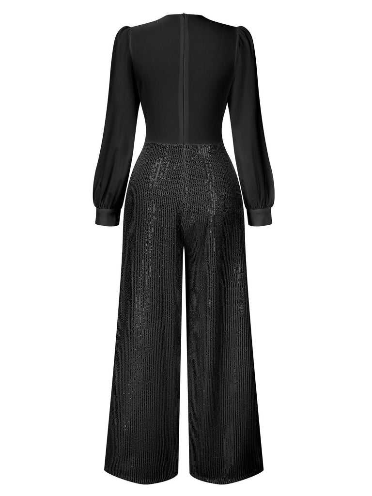 1930er V-Ausschnitt Puff Paillettens Weites-Bein Jumpsuit