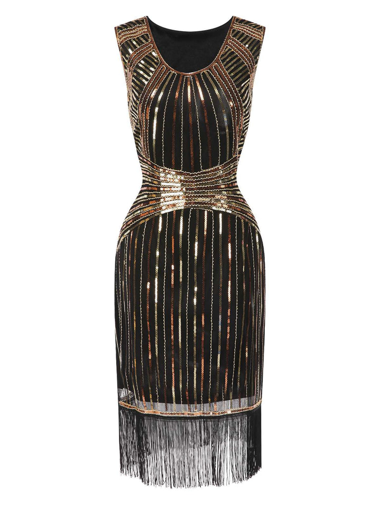 [Vorverkauf] Schwarz 1920er Symmetrische Linien Tassels Pailletten Kleid