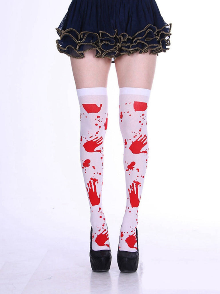 Weiß & Rot Halloween Blutfleck Oberschenkelhoch Strümpfe