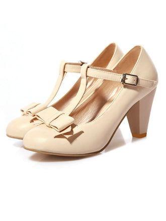 Solide Leder Bogen T-Träger Klobige Absätze