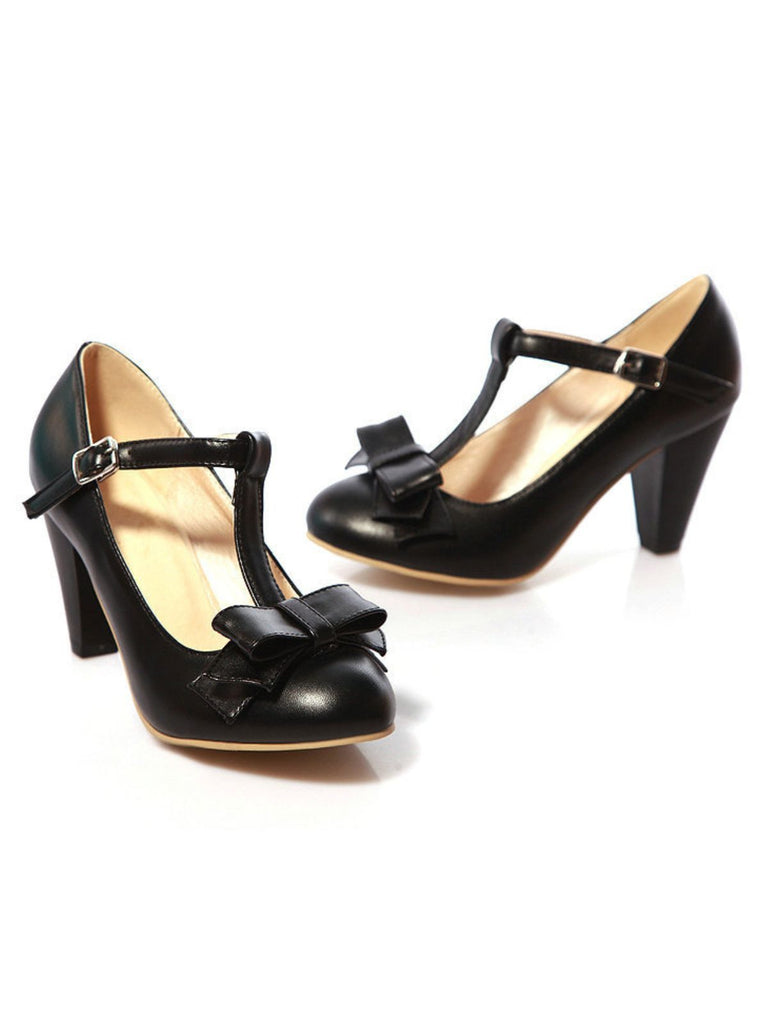 Solide Leder Bogen T-Träger Klobige Absätze