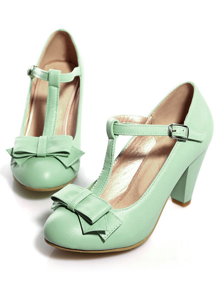 Solide Leder Bogen T-Träger Klobige Absätze