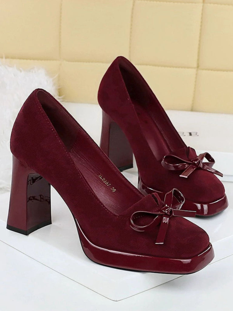 Retro Suede Bowknot Klobig High Heels