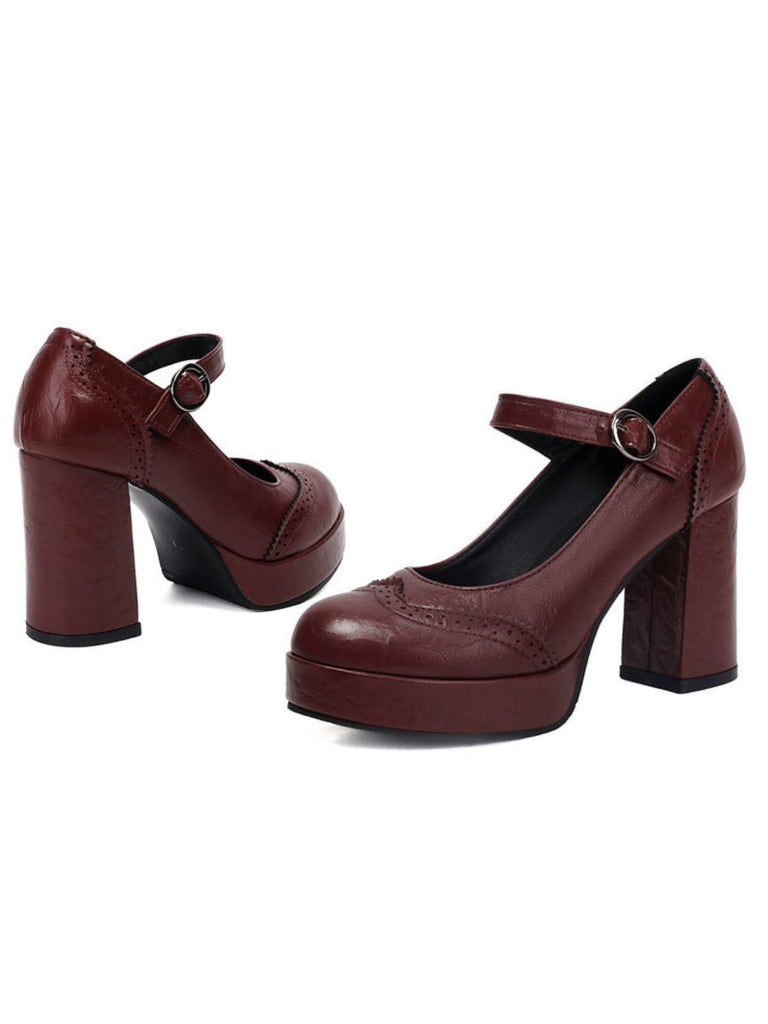 Vintage Solide Runde Zehe Schnalle Klobige Absätze
