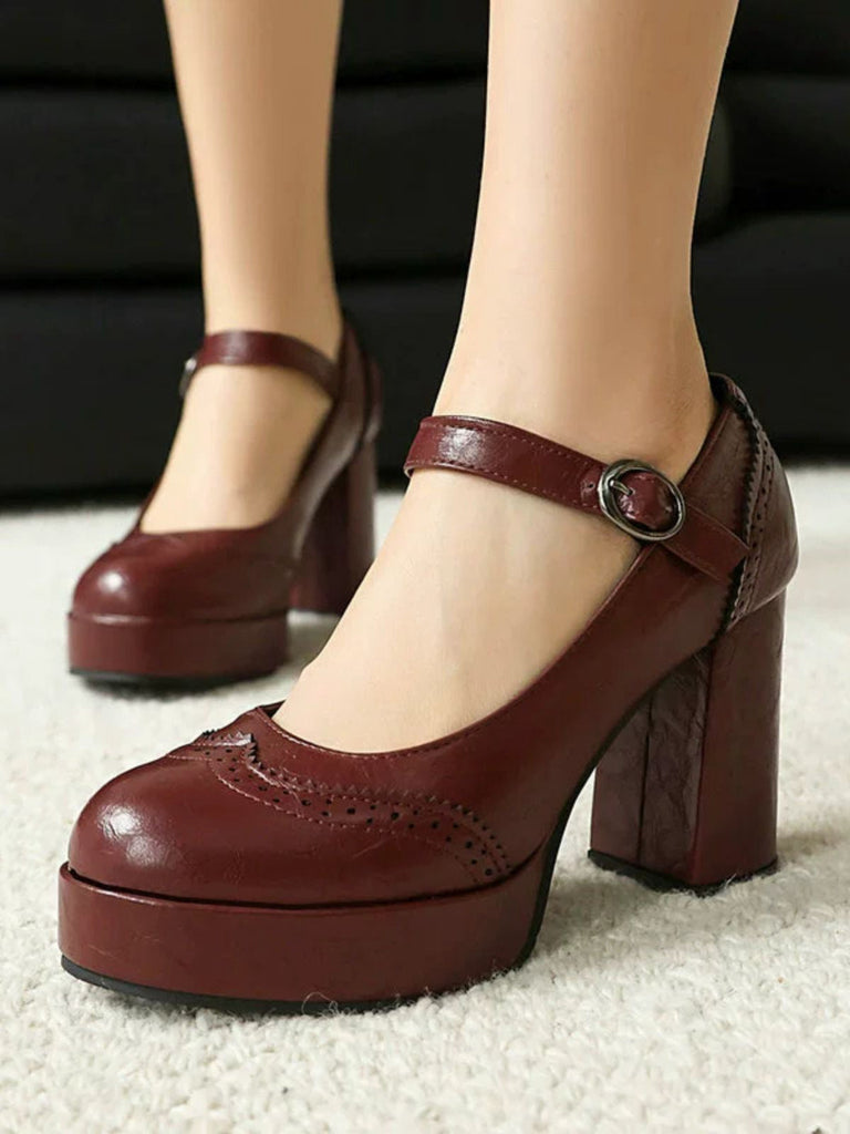 Vintage Solide Runde Zehe Schnalle Klobige Absätze