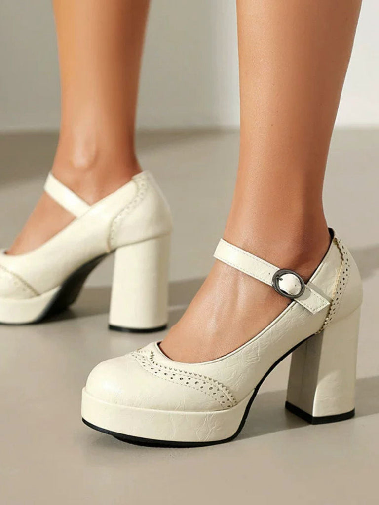 Vintage Solide Runde Zehe Schnalle Klobige Absätze