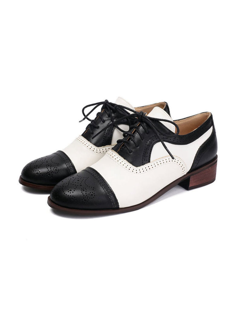 Farbblock Leder Runden Zehe Strappy Oxford Schuhe