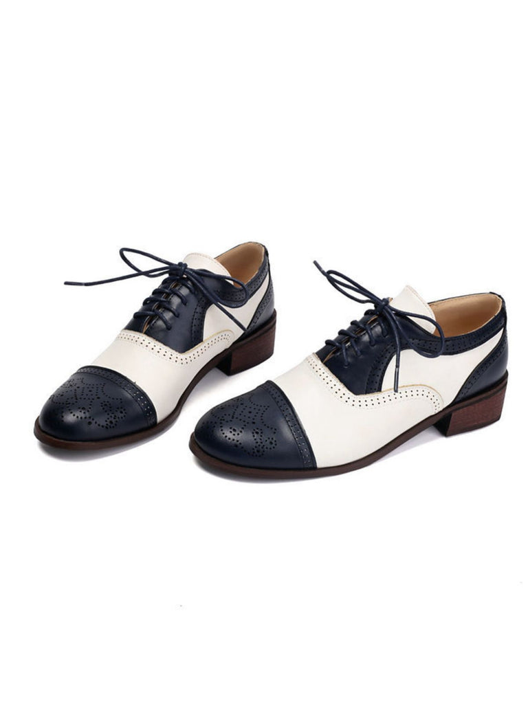 Farbblock Leder Runden Zehe Strappy Oxford Schuhe