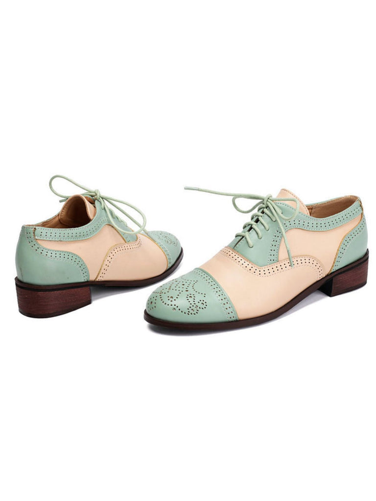 Farbblock Leder Runden Zehe Strappy Oxford Schuhe