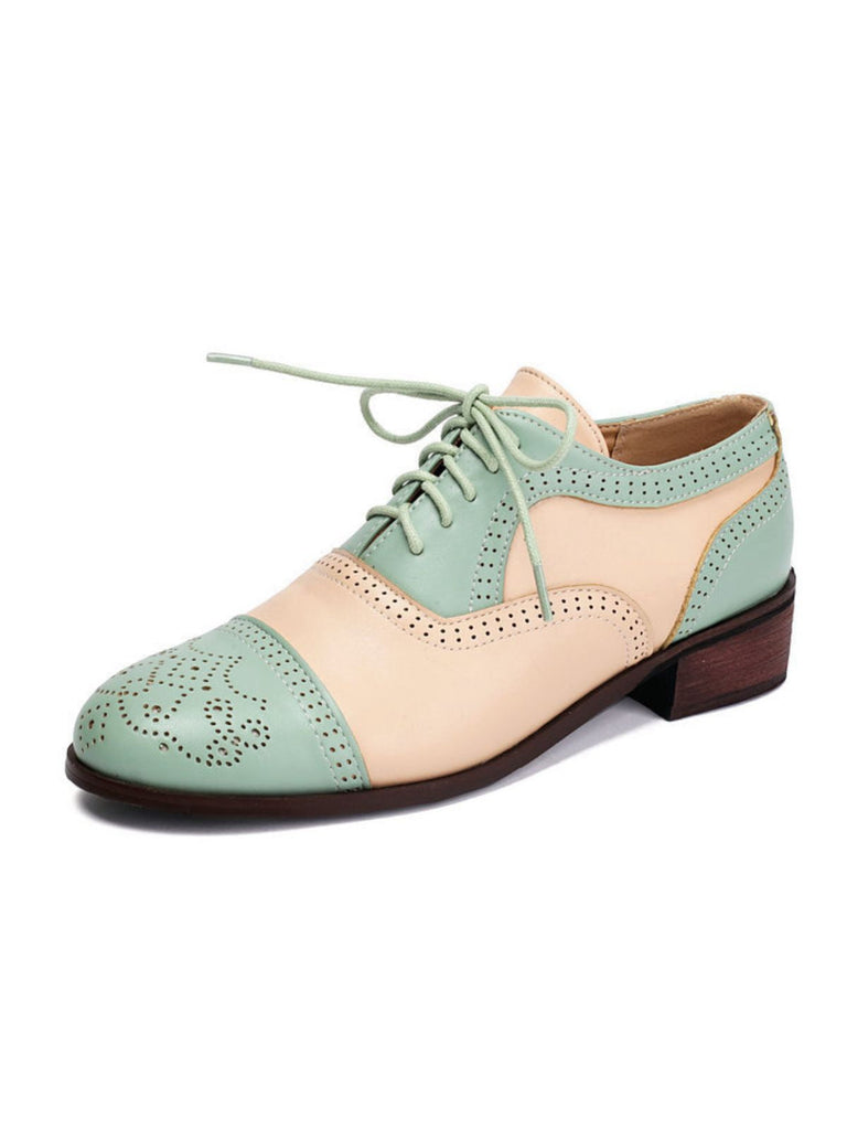 Farbblock Leder Runden Zehe Strappy Oxford Schuhe