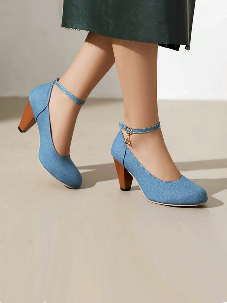 Denim Schnalle Mary Janes Klobige Absätze