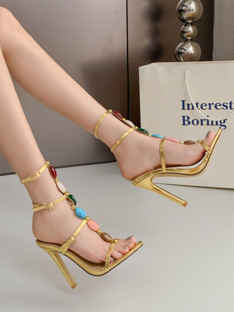 Vintage Farbig Steine Stilett Absätze Riemchen Sandalen