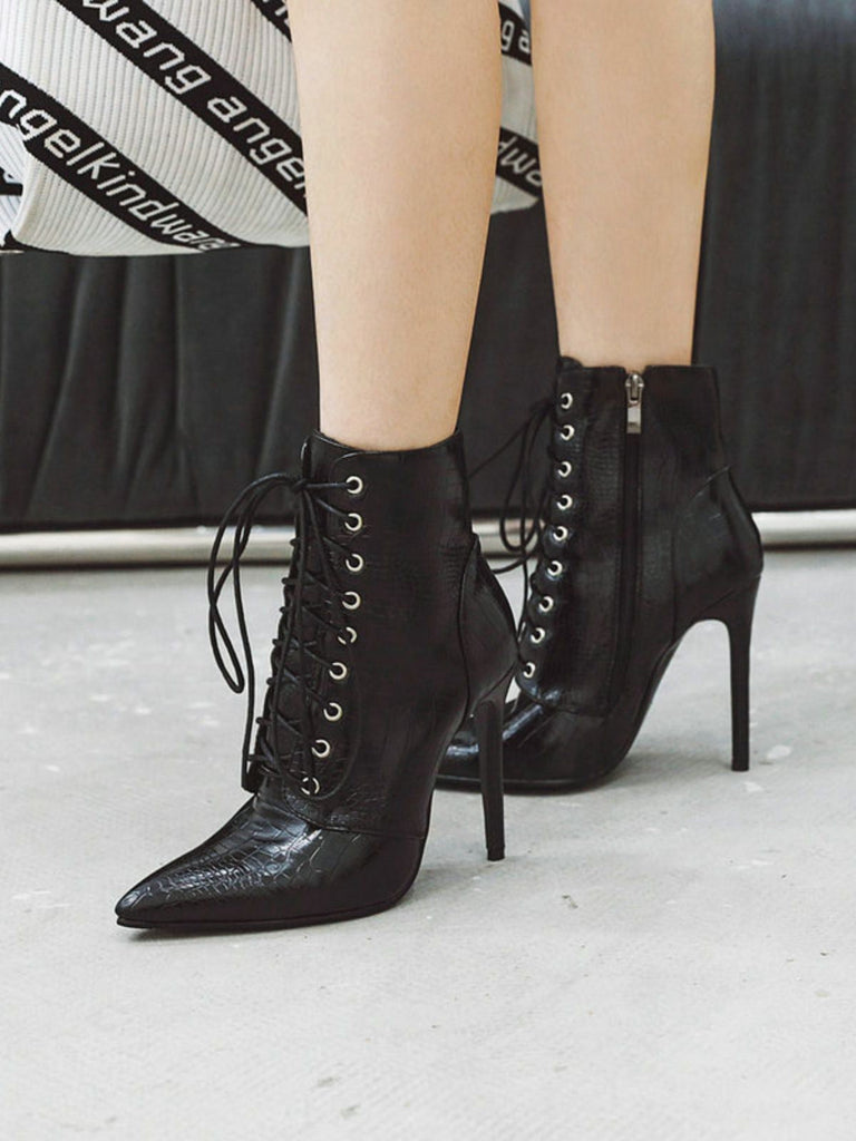 Kunstkrokodil Leder Schnürung Mitte der Wade Stiefel