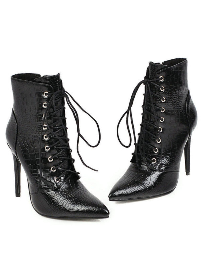 Kunstkrokodil Leder Schnürung Mitte der Wade Stiefel