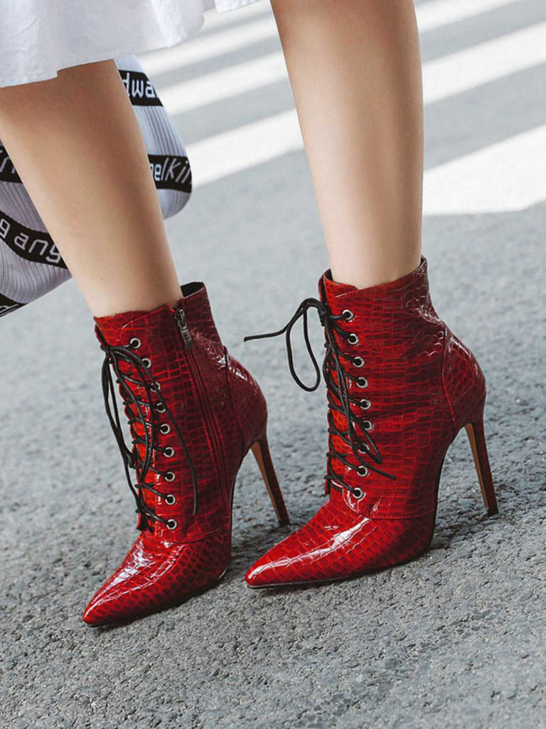 Kunstkrokodil Leder Schnürung Mitte der Wade Stiefel