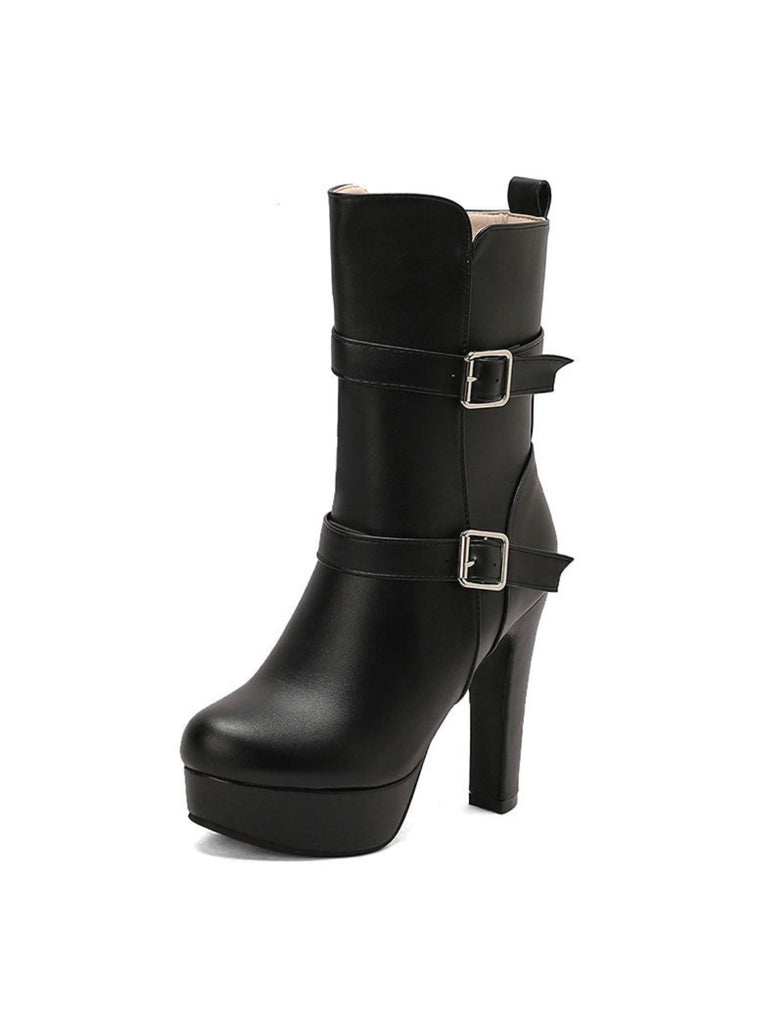 Pu Leder Runde Zehenkappe Keil Ferse Wadenlang Stiefel