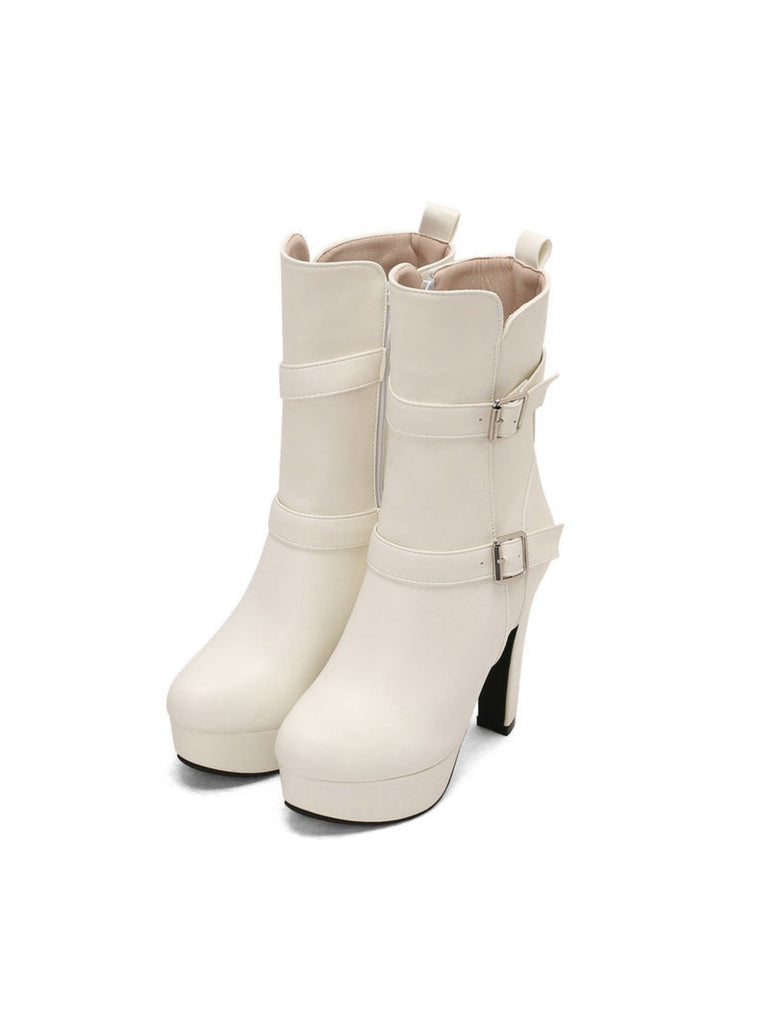 Pu Leder Runde Zehenkappe Keil Ferse Wadenlang Stiefel