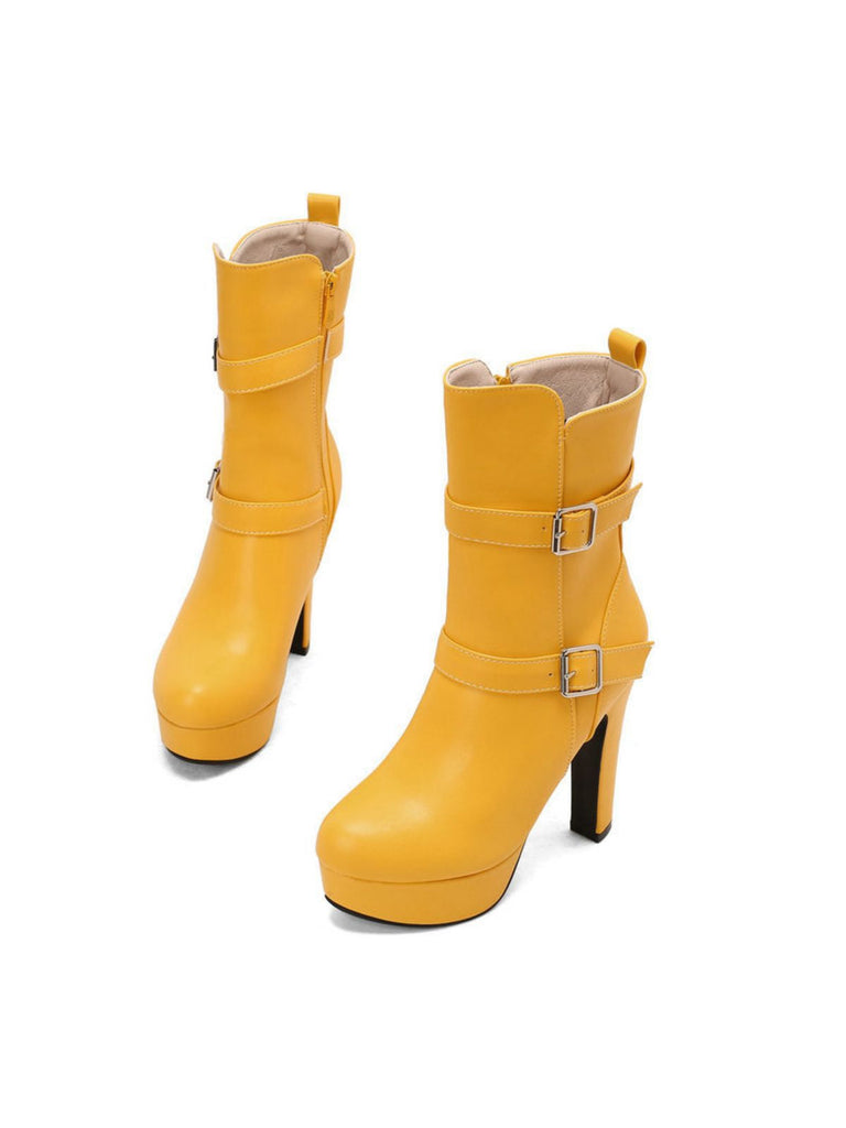 Pu Leder Runde Zehenkappe Keil Ferse Wadenlang Stiefel