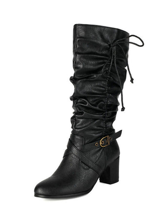Vintage Solide Schnalle Gerüscht Klobige Absätze Stiefel