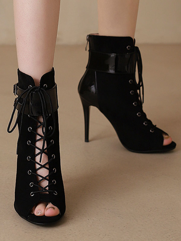 Metallisch Offene Spitze Stiletto Kordelzug Halbhohe Stiefel