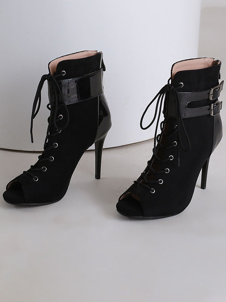 Metallisch Offene Spitze Stiletto Kordelzug Halbhohe Stiefel