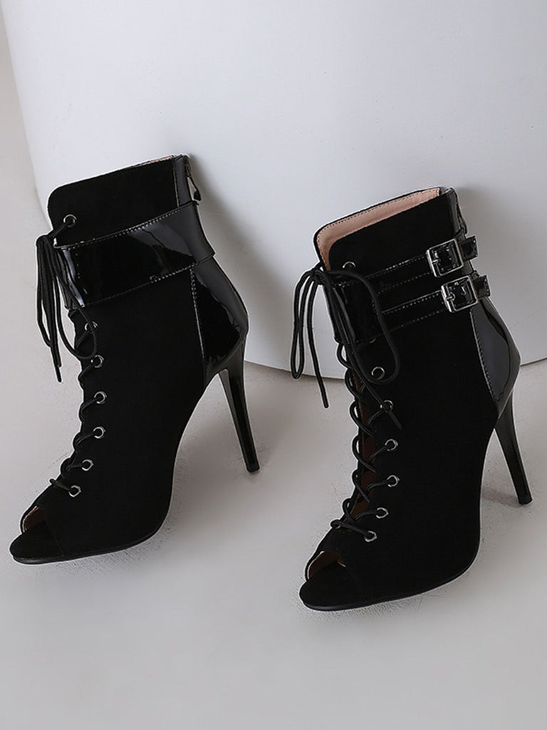 Metallisch Offene Spitze Stiletto Kordelzug Halbhohe Stiefel