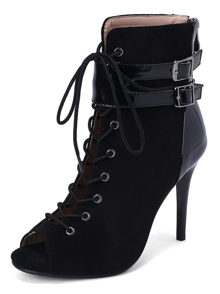 Metallisch Offene Spitze Stiletto Kordelzug Halbhohe Stiefel