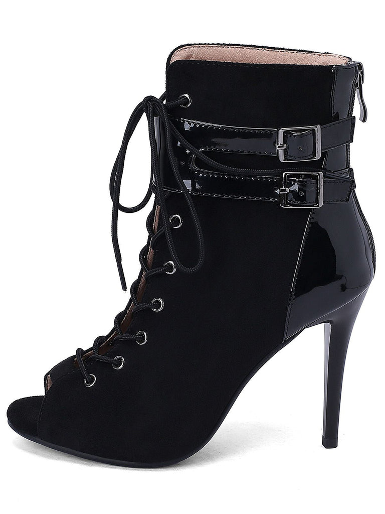 Metallisch Offene Spitze Stiletto Kordelzug Halbhohe Stiefel