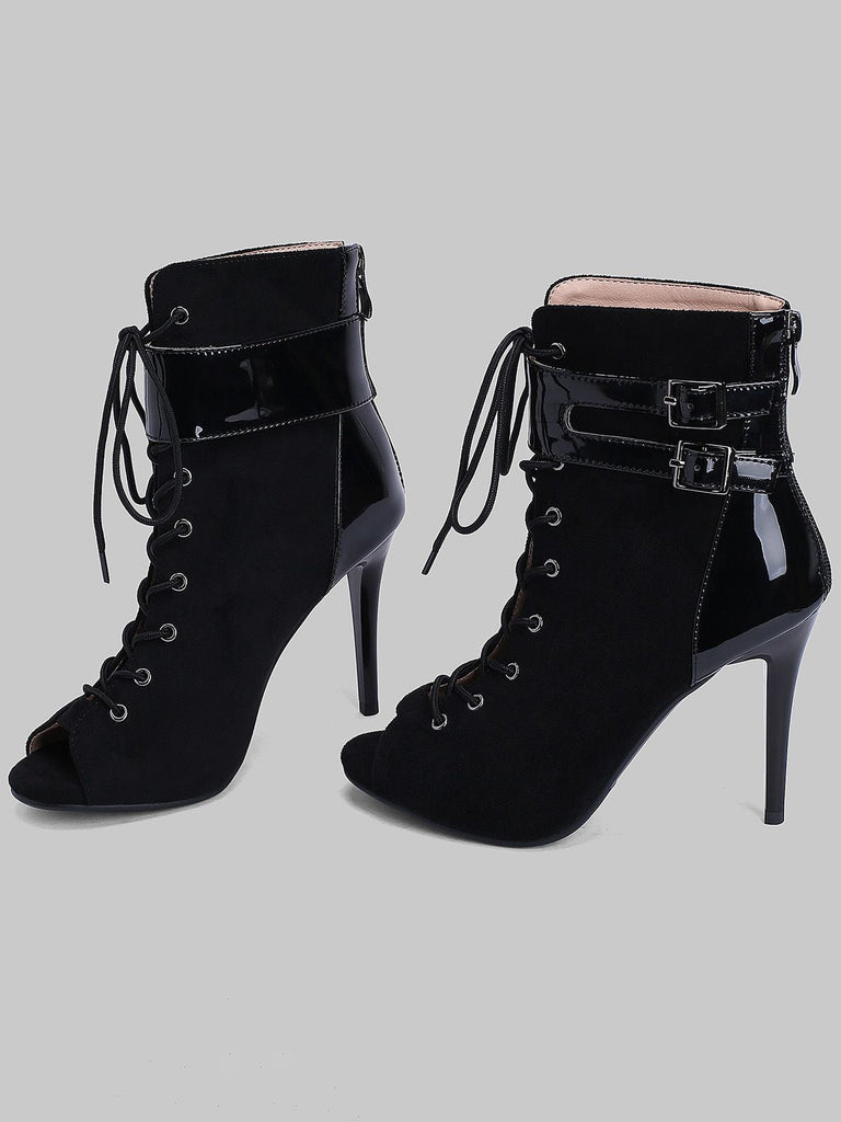 Metallisch Offene Spitze Stiletto Kordelzug Halbhohe Stiefel