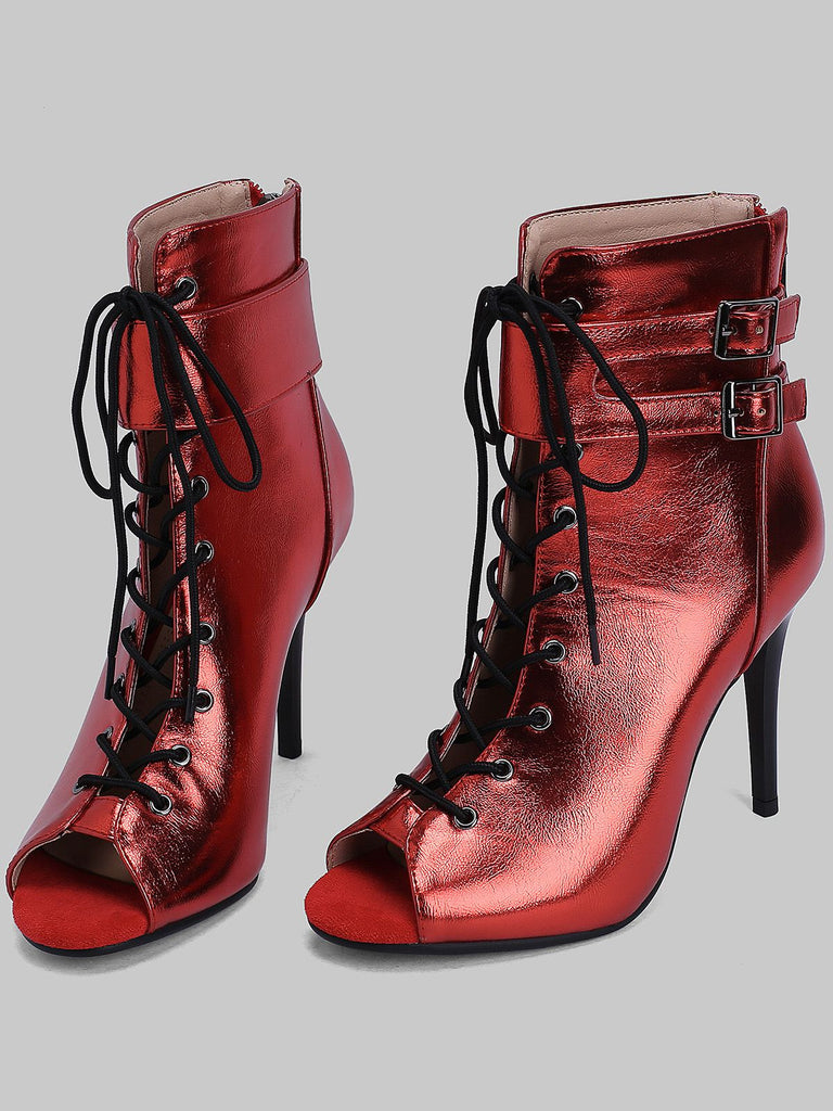 Metallisch Offene Spitze Stiletto Kordelzug Halbhohe Stiefel