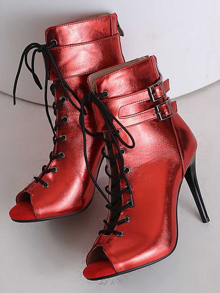 Metallisch Offene Spitze Stiletto Kordelzug Halbhohe Stiefel
