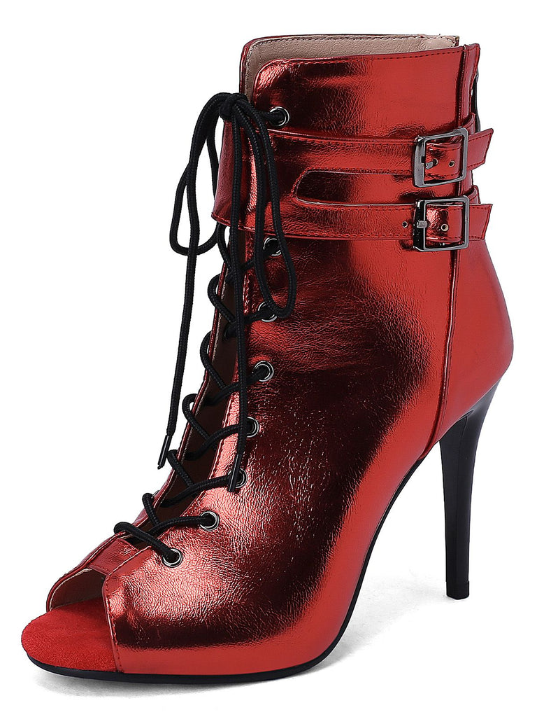 Metallisch Offene Spitze Stiletto Kordelzug Halbhohe Stiefel