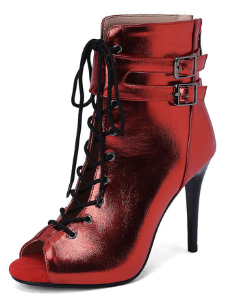 Metallisch Offene Spitze Stiletto Kordelzug Halbhohe Stiefel