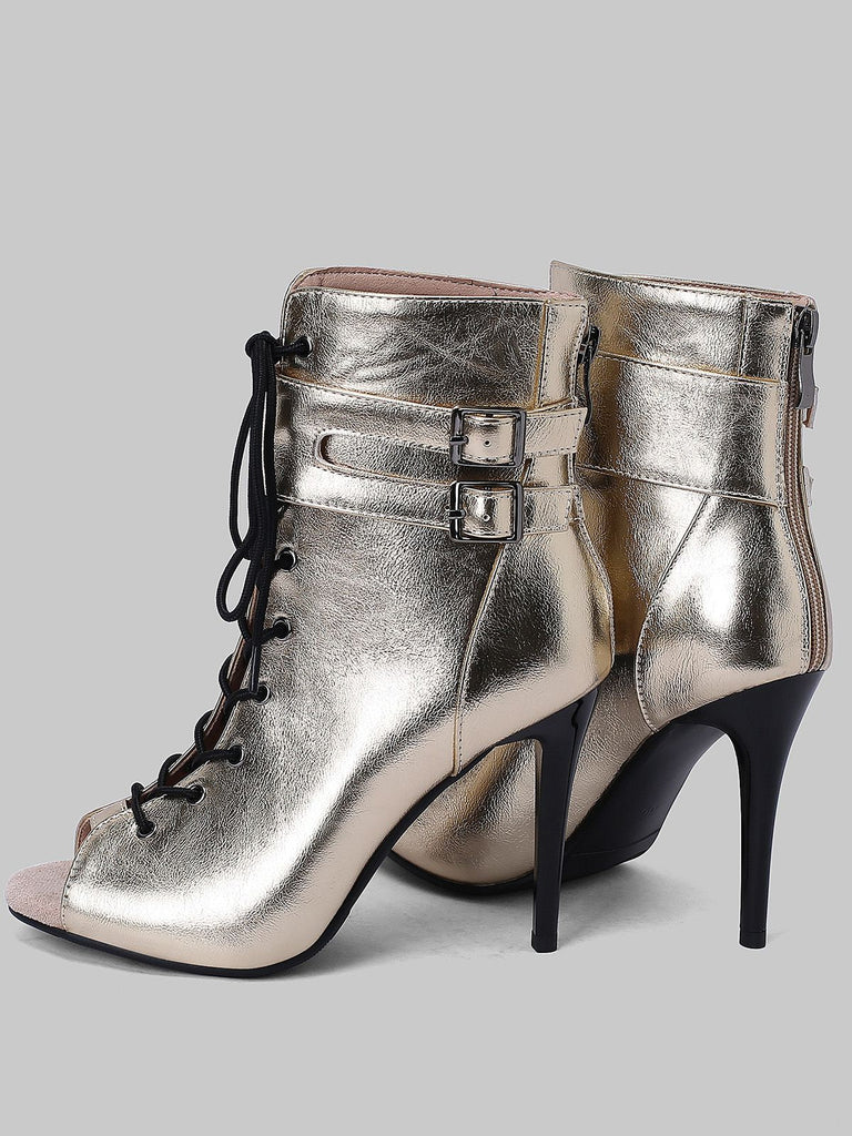 Metallisch Offene Spitze Stiletto Kordelzug Halbhohe Stiefel