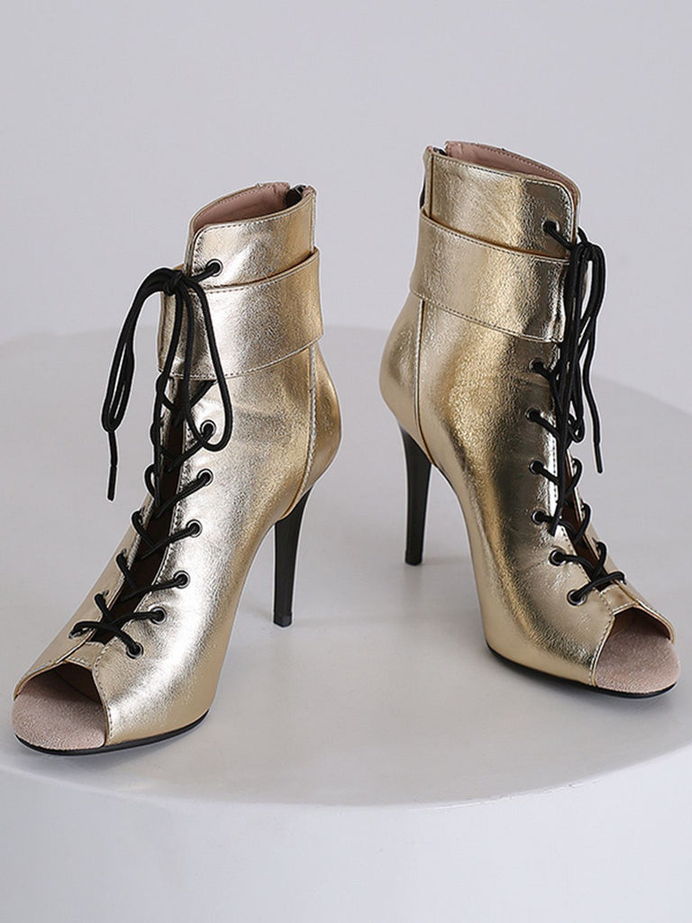 Metallisch Offene Spitze Stiletto Kordelzug Halbhohe Stiefel