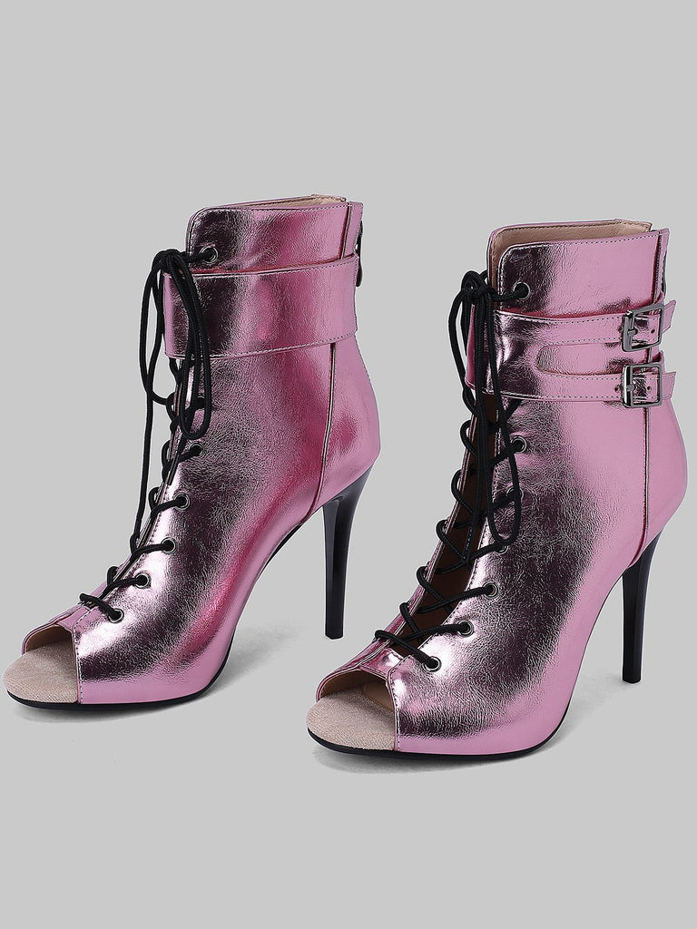 Metallisch Offene Spitze Stiletto Kordelzug Halbhohe Stiefel