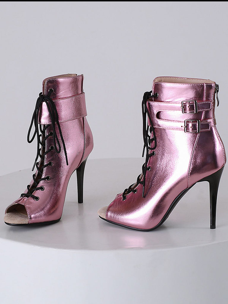 Metallisch Offene Spitze Stiletto Kordelzug Halbhohe Stiefel