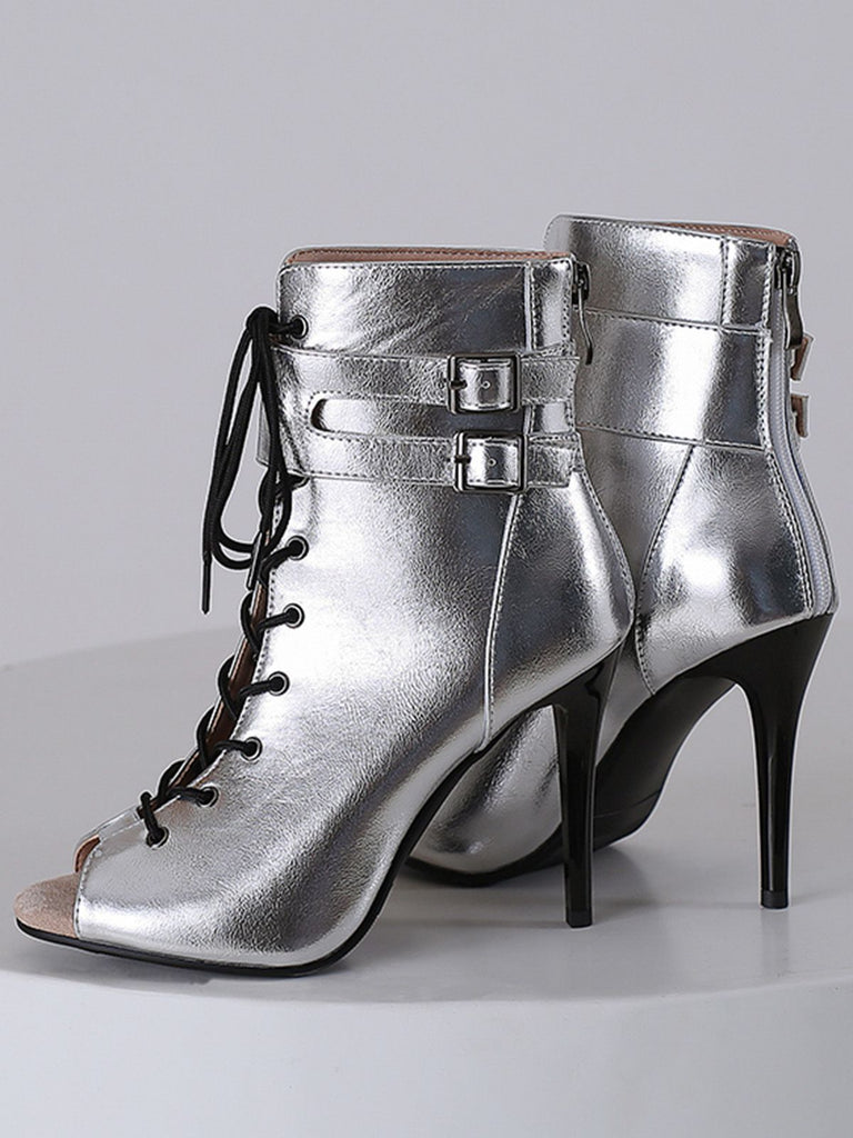 Metallisch Offene Spitze Stiletto Kordelzug Halbhohe Stiefel