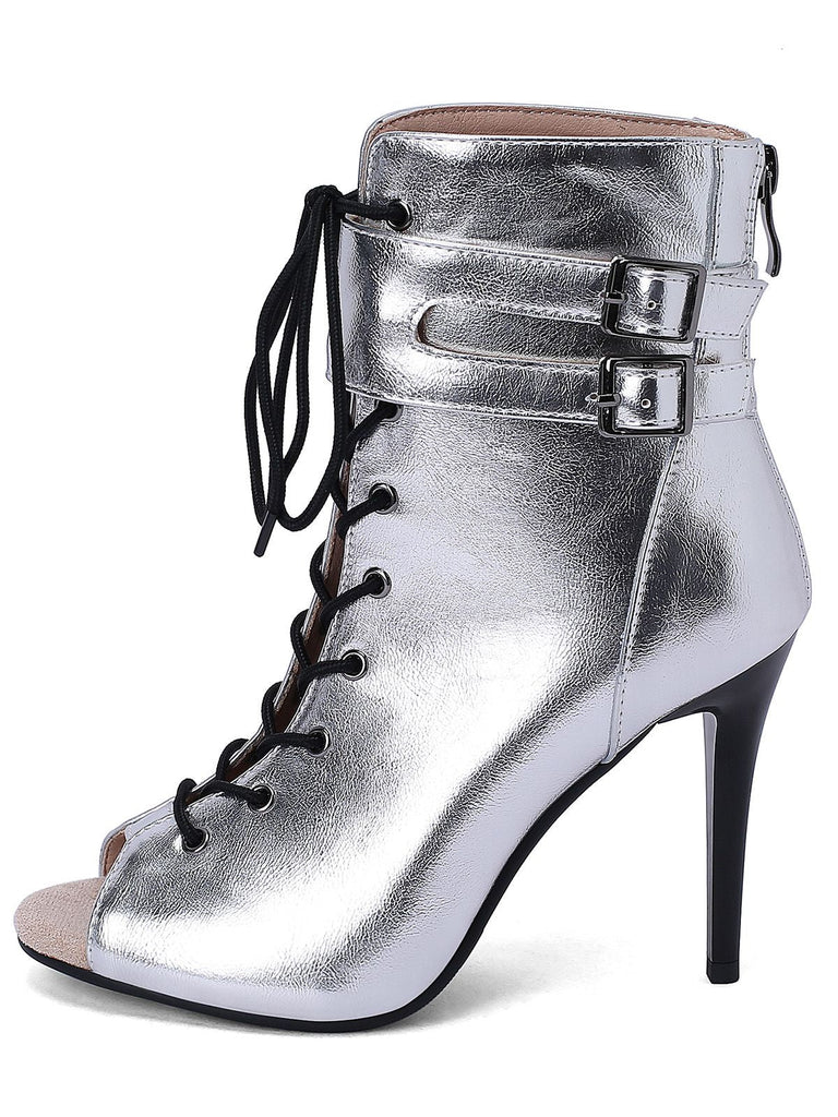 Metallisch Offene Spitze Stiletto Kordelzug Halbhohe Stiefel