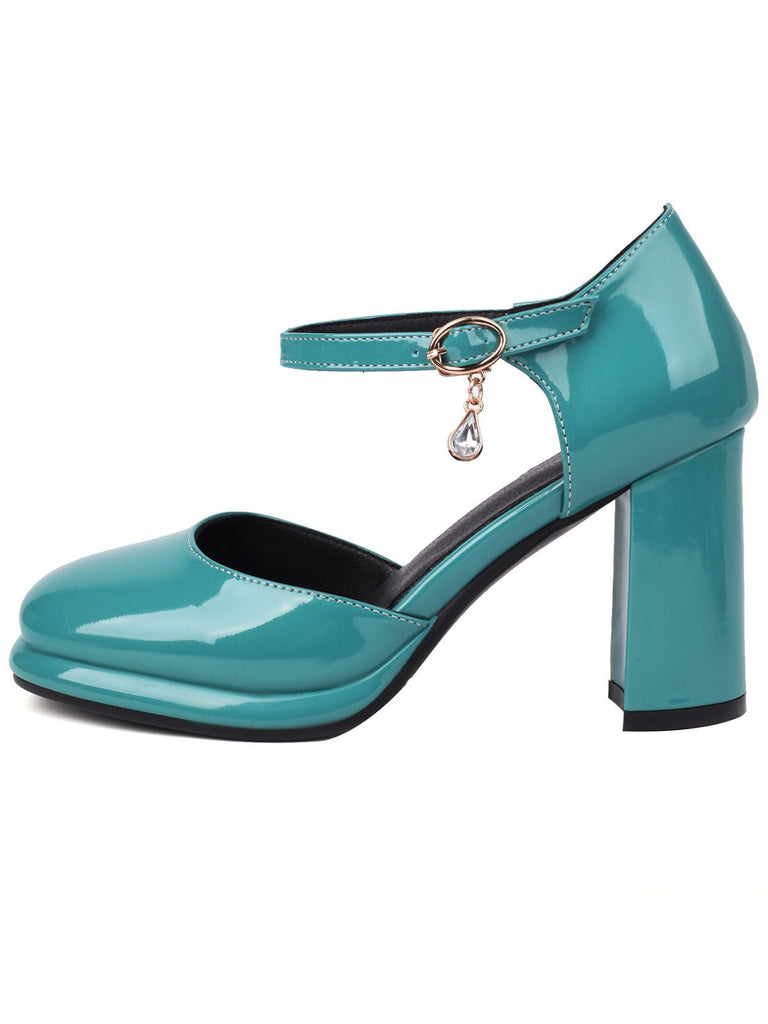 Vintage Lackleder Knöchelriemen Block Absatz Pumps