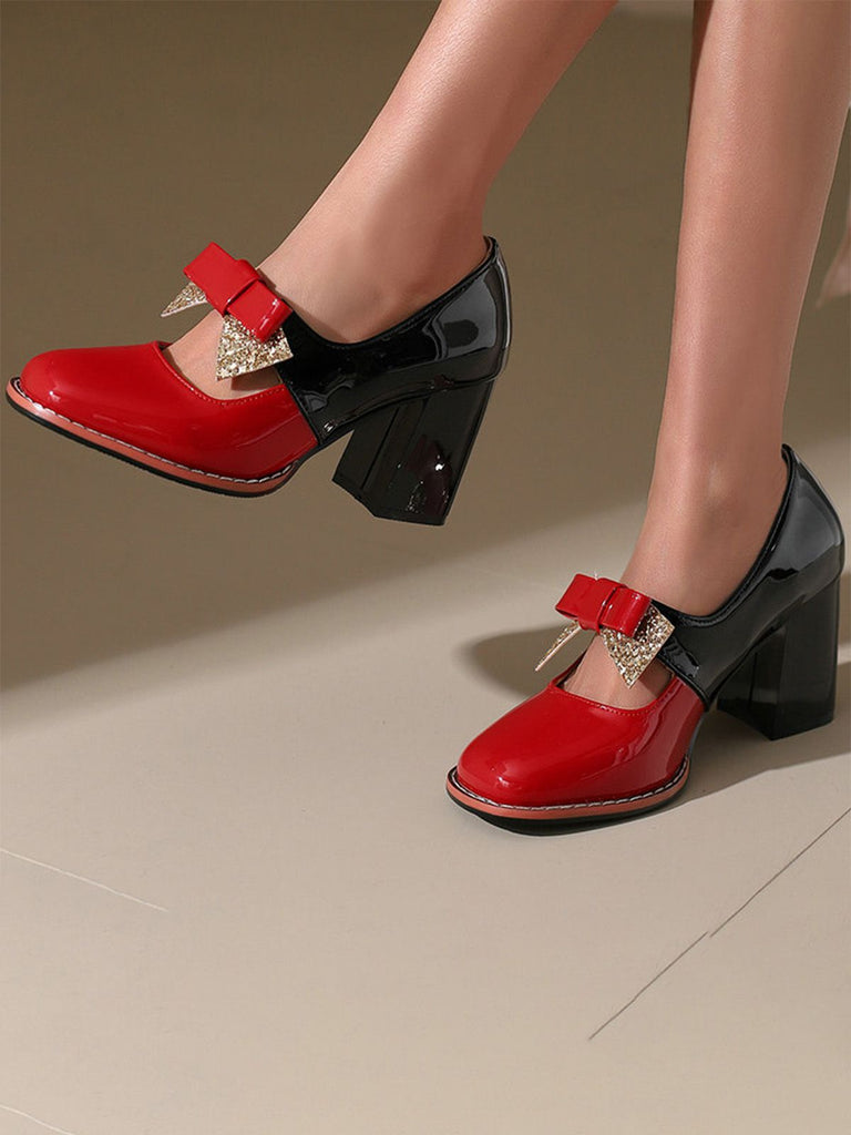 Mary Jane Farbblock Funkeln Bowknot Klobige Absätze