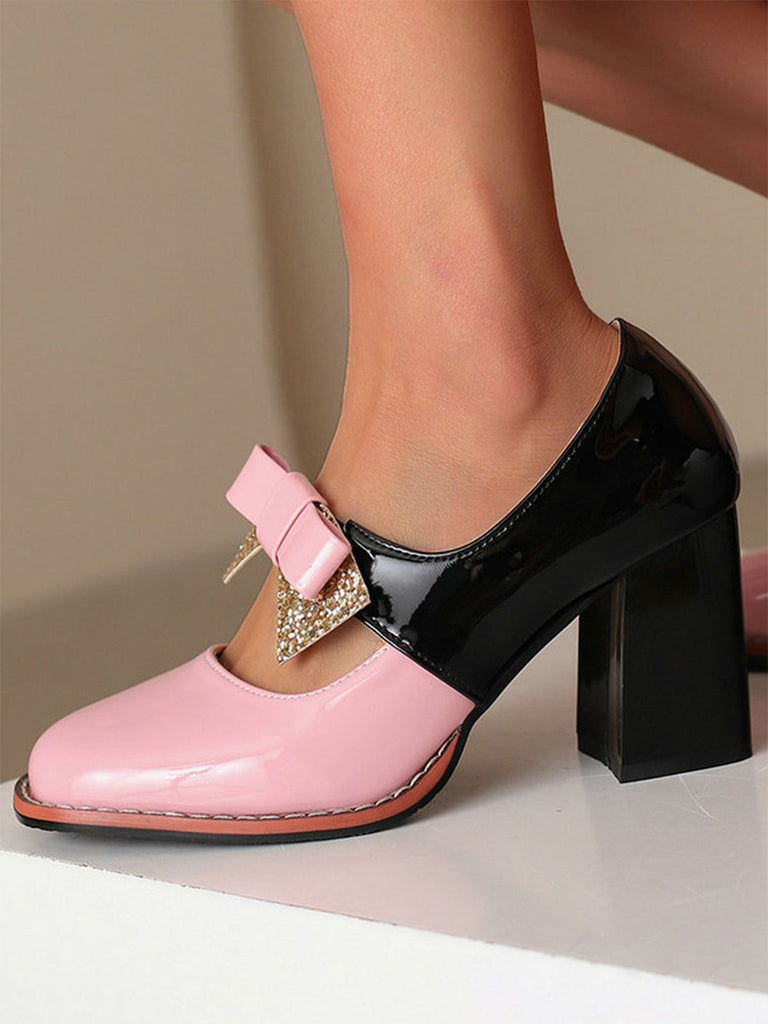 Mary Jane Farbblock Funkeln Bowknot Klobige Absätze