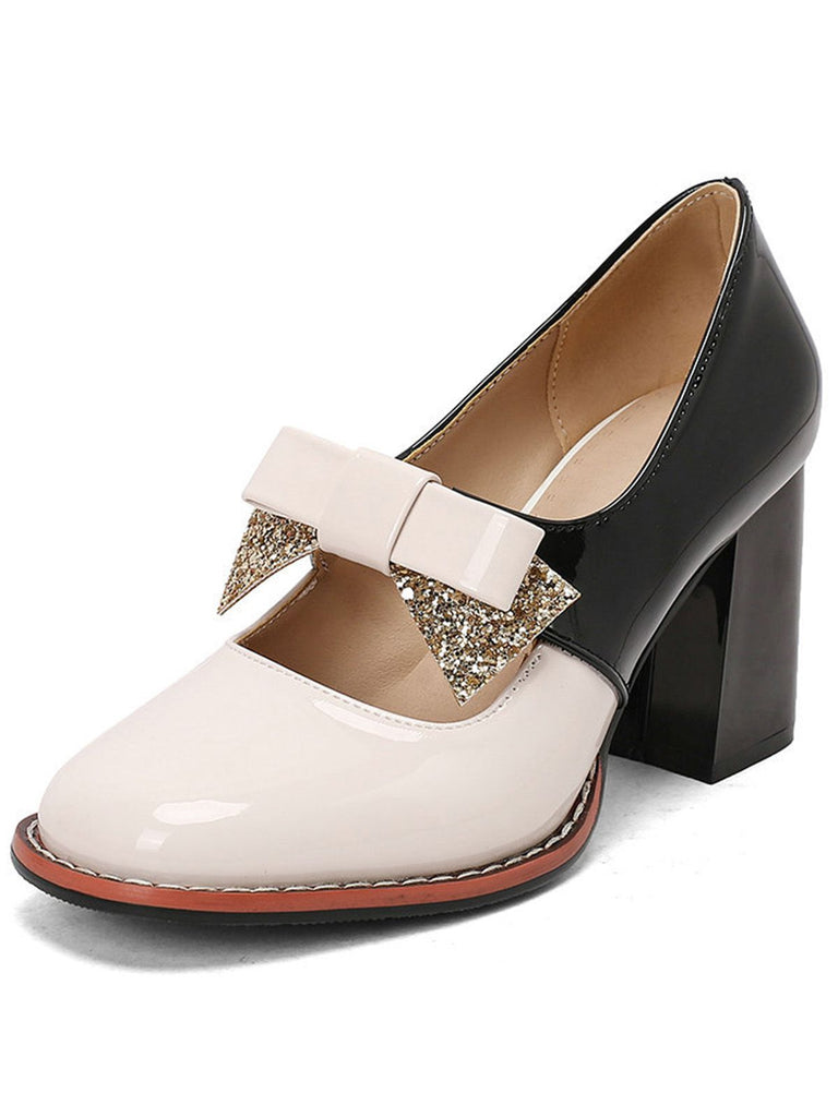 Mary Jane Farbblock Funkeln Bowknot Klobige Absätze