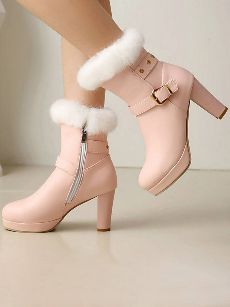 Vintage Kunstpelz Schnalle High Heel Stiefel