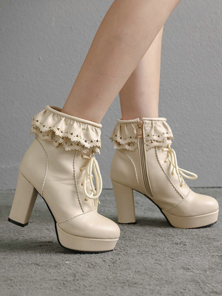 Vintage Rüschen Schnürung Klobig Hoher Absatz Stiefel