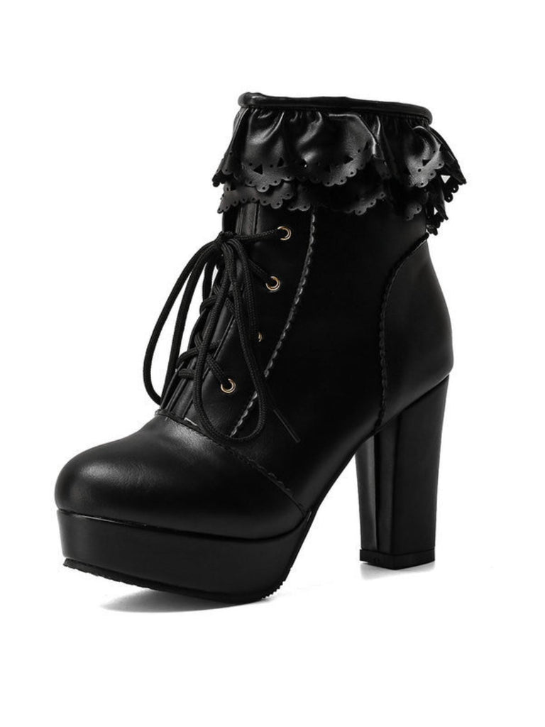 Vintage Rüschen Schnürung Klobig Hoher Absatz Stiefel