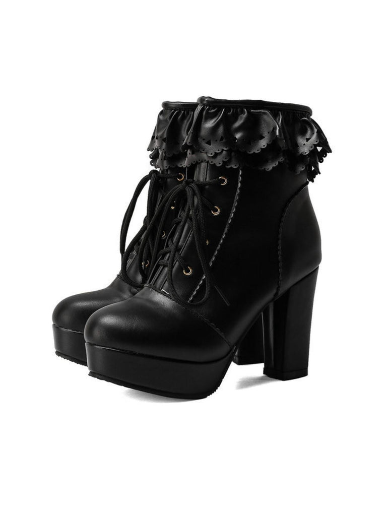 Vintage Rüschen Schnürung Klobig Hoher Absatz Stiefel