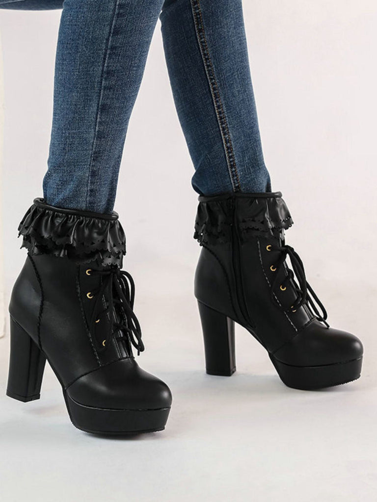 Vintage Rüschen Schnürung Klobig Hoher Absatz Stiefel